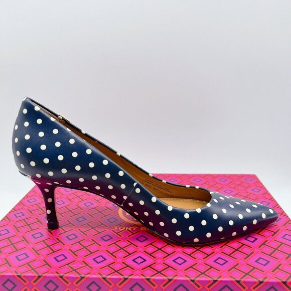 Tory Burch Penelope 65MM Polka A Dot Pointed Toe Heel Pump Blue Leather US 6 - Picture 8 of 9